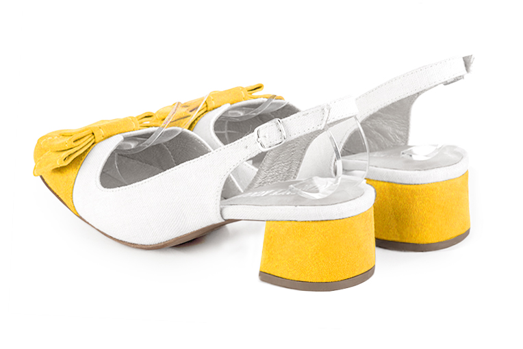 Yellow and pure white women's open back shoes, with a knot. Round toe. Low flare heels. Rear view - Florence KOOIJMAN